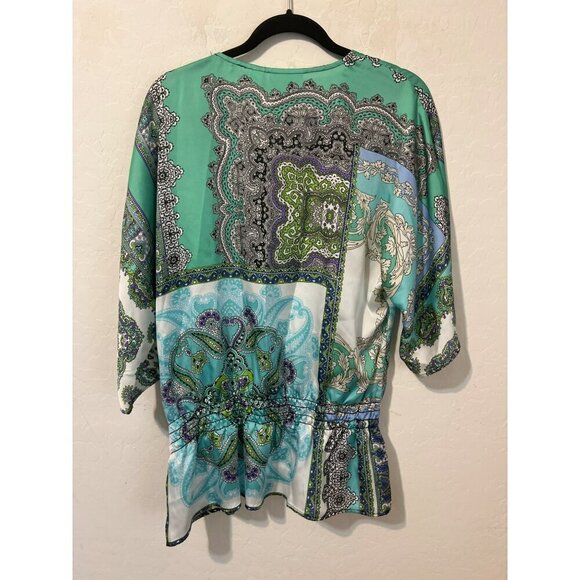 Chico's Sz 2 (US L 12) Shades of Green Silky Flowy Pullover Blouse Cinched Waist - Picture 5 of 7